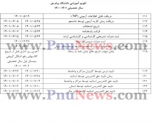 تقویم آموزشی 1401-1400 دانشگاه پیام نور