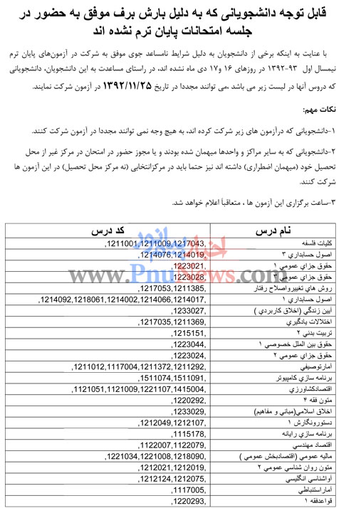 لیست دروس آزمون مجدد پیام نور