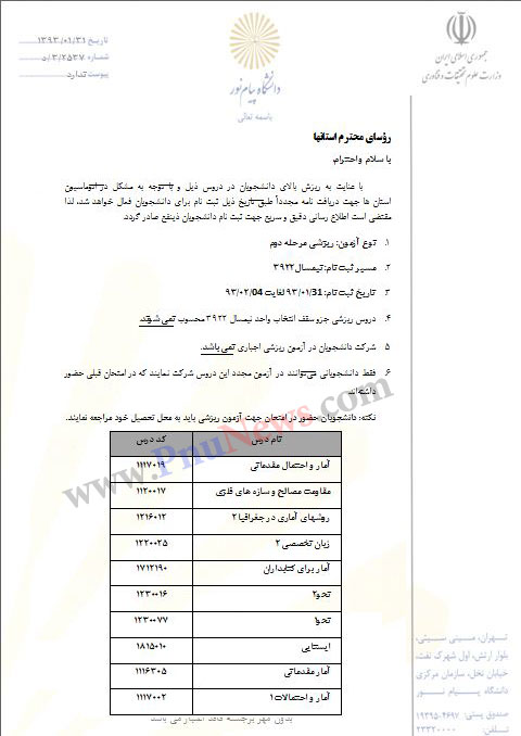 بخشنامه لیست دروس ریزشی دوم پیام نور